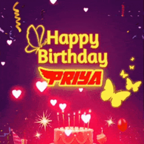 A Happy Birthday Greeting Card For Priya With A Cake GIF