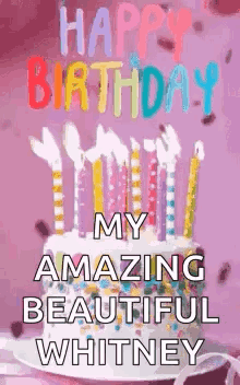 A Happy Birthday Greeting Card With A Birthday Cake And Candles . GIF