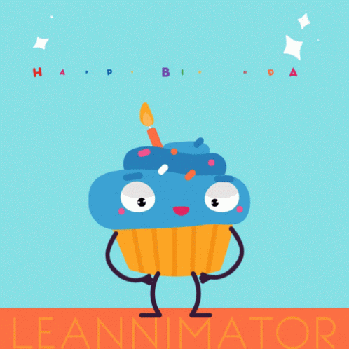 A Happy Birthday Greeting Card With A Blue Cupcake GIF
