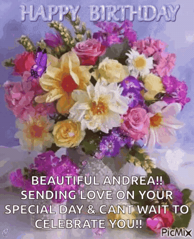A Happy Birthday Greeting Card With A Bouquet Of Flowers GIF