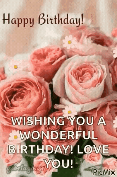 A Happy Birthday Greeting Card With A Bouquet Of Pink Roses . GIF