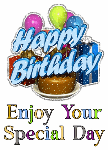 A Happy Birthday Greeting Card With A Cake And Balloons GIF