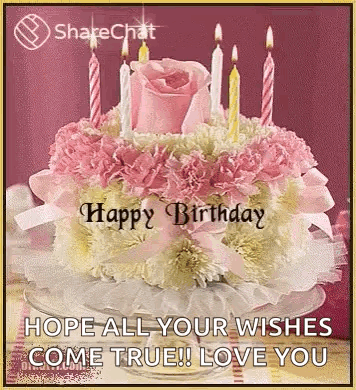 A Happy Birthday Greeting Card With A Cake And Candles . GIF