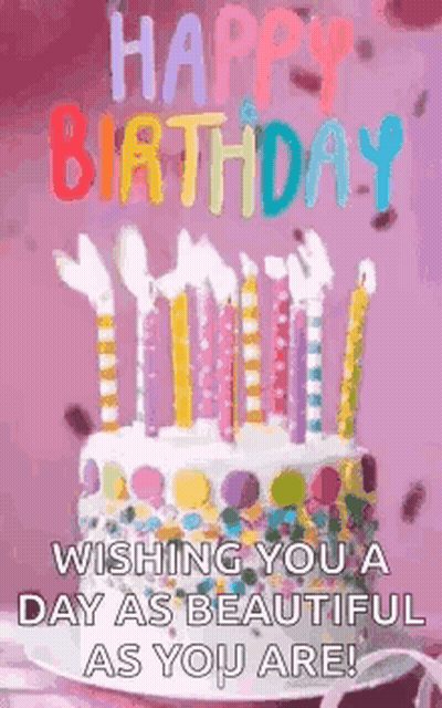 A Happy Birthday Greeting Card With A Cake And Candles On It . GIF
