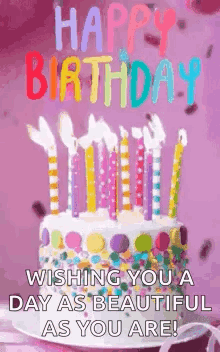 A Happy Birthday Greeting Card With A Cake And Candles On It . GIF