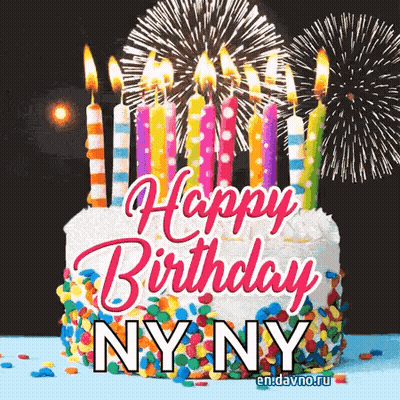 A Happy Birthday Greeting Card With A Cake And Fireworks GIF