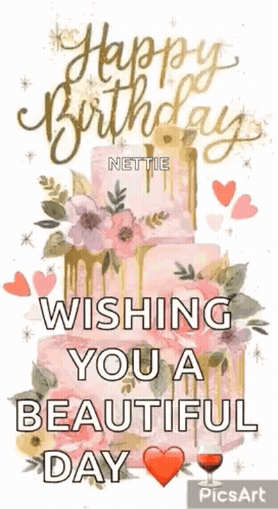A Happy Birthday Greeting Card With A Cake And Flowers . GIF