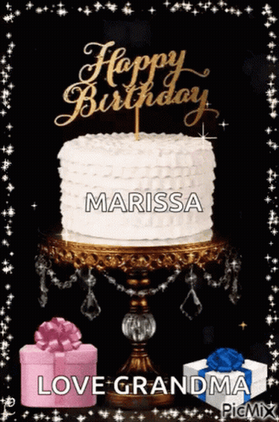 A Happy Birthday Greeting Card With A Cake And Gifts For Marissa GIF