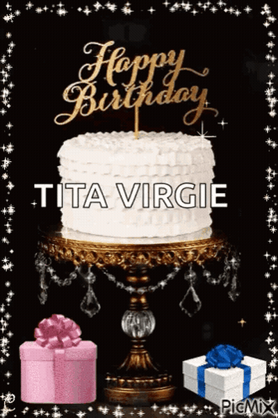 A Happy Birthday Greeting Card With A Cake And Gifts GIF