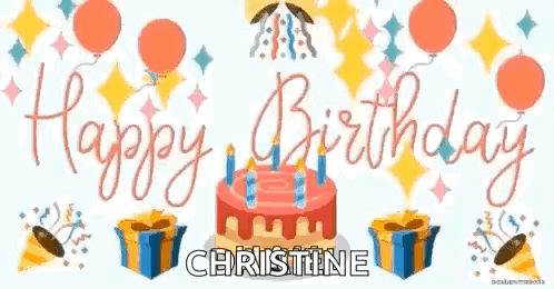 A Happy Birthday Greeting Card With A Cake , Balloons , And Presents . GIF