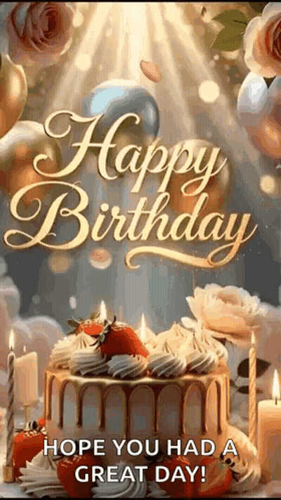 A Happy Birthday Greeting Card With A Cake , Candles , And Balloons . GIF