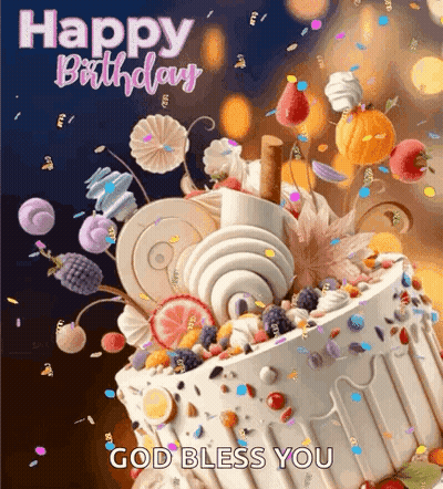 A Happy Birthday Greeting Card With A Cake Covered In Candy And Confetti And The Words `` God Bless You '' . GIF