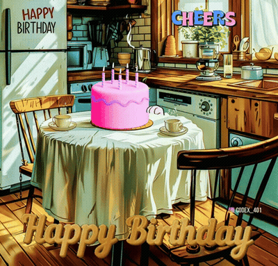 A Happy Birthday Greeting Card With A Cake On A Table GIF