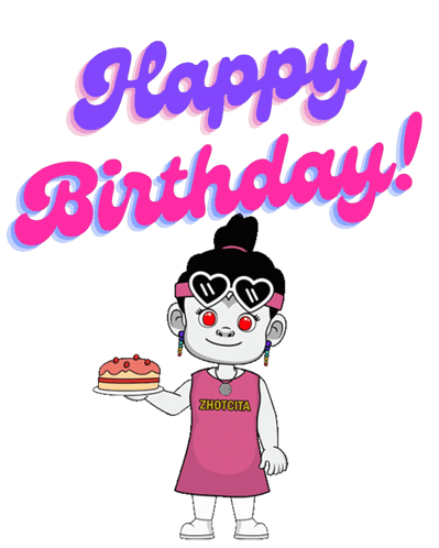 A Happy Birthday Greeting Card With A Cartoon Character And A Cake GIF