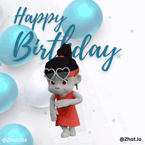 A Happy Birthday Greeting Card With A Cartoon Character And Balloons GIF