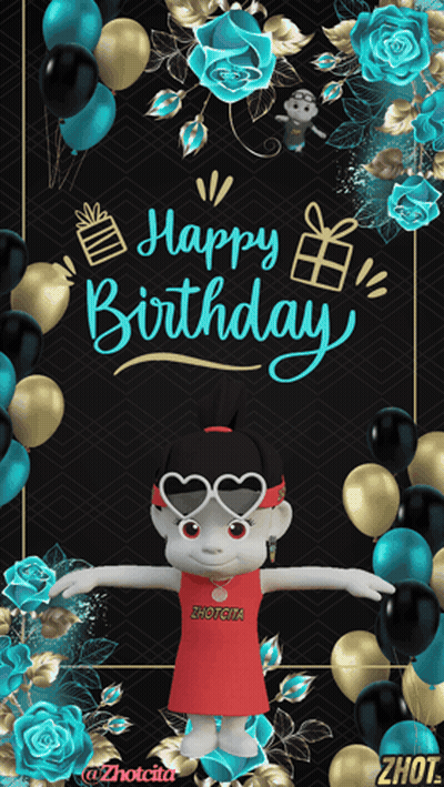 A Happy Birthday Greeting Card With A Cartoon Character In Front Of Balloons GIF