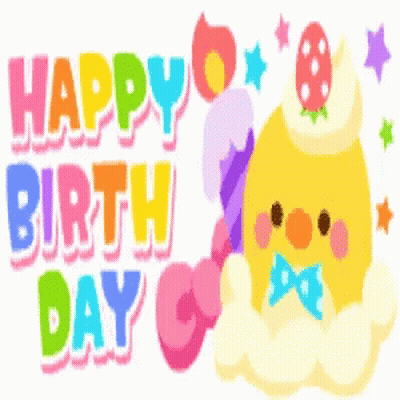 A Happy Birthday Greeting Card With A Chicken Wearing A Cake Hat GIF
