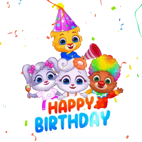 A Happy Birthday Greeting Card With A Clown And Two Rabbits Sticker