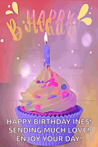 A Happy Birthday Greeting Card With A Cupcake With A Candle On Top . GIF