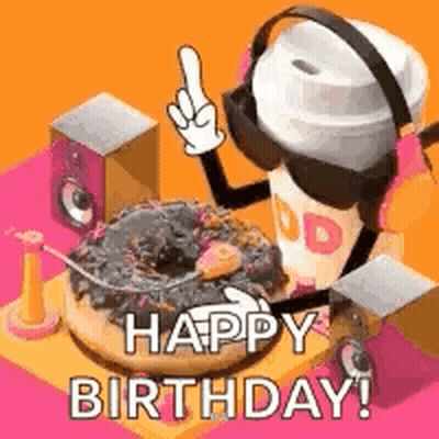 A Happy Birthday Greeting Card With A Donut And A Coffee Cup . GIF