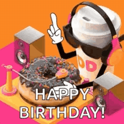 A Happy Birthday Greeting Card With A Donut And A Cup Of Coffee GIF