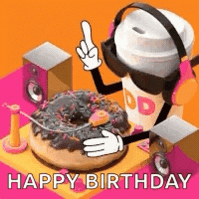 A Happy Birthday Greeting Card With A Donut And A Cup Of Coffee Wearing Headphones And Sunglasses . GIF