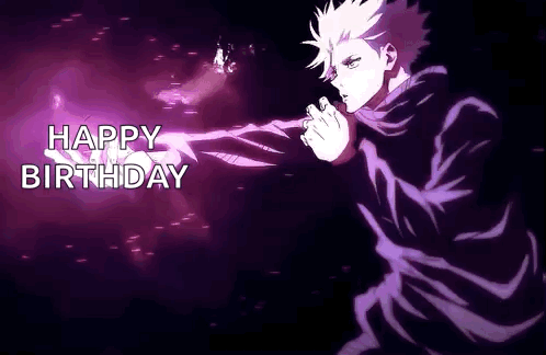 A Happy Birthday Greeting Card With A Man In A Purple Jacket . GIF