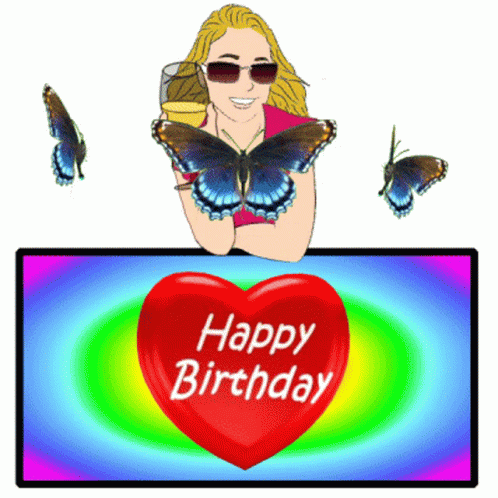 A Happy Birthday Greeting Card With A Woman Holding A Butterfly GIF