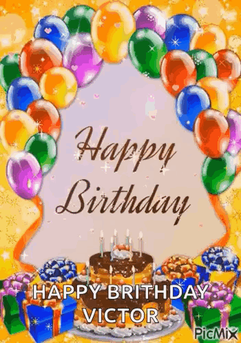 A Happy Birthday Greeting Card With Balloons , A Cake And Gifts . GIF