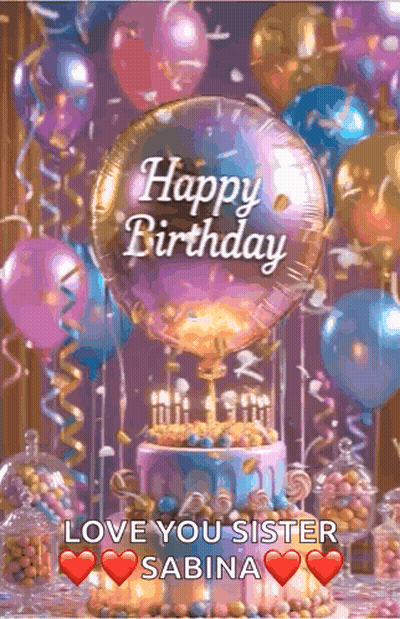 A Happy Birthday Greeting Card With Balloons And A Cake GIF