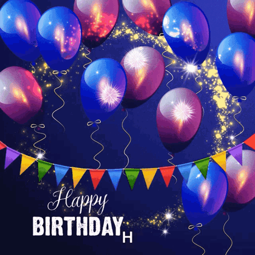 A Happy Birthday Greeting Card With Balloons And Fireworks GIF