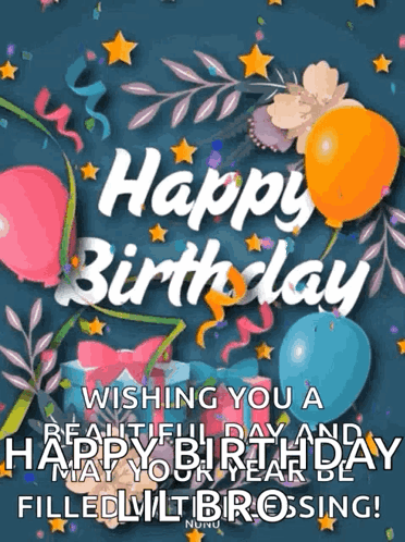 A Happy Birthday Greeting Card With Balloons And Flowers GIF