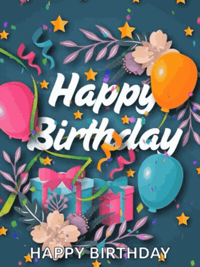 A Happy Birthday Greeting Card With Balloons And Gifts GIF