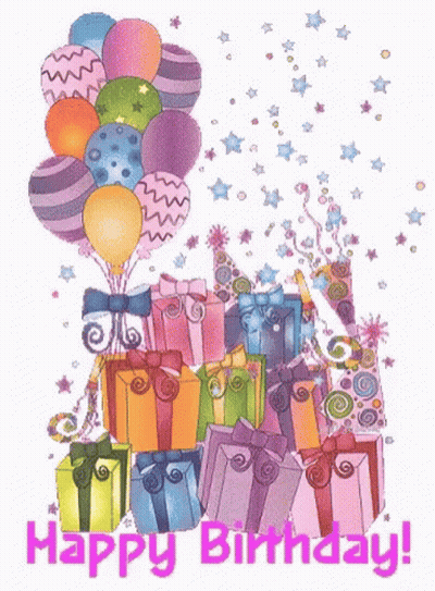 A Happy Birthday Greeting Card With Balloons And Gifts GIF