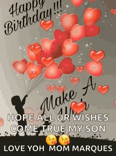 A Happy Birthday Greeting Card With Balloons In The Shape Of Hearts GIF