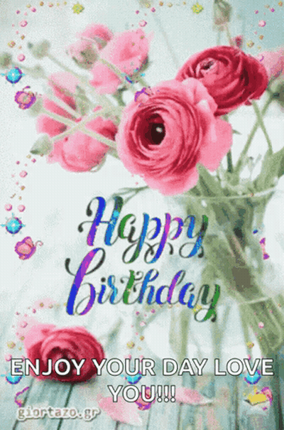 A Happy Birthday Greeting Card With Pink Roses GIF