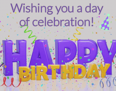 A Happy Birthday Greeting Card With Purple And Gold Letters GIF