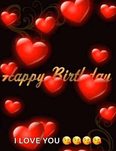 A Happy Birthday Greeting Card With Red Hearts And Smiley Faces GIF