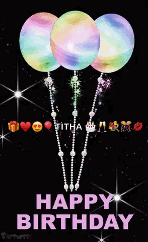 A Happy Birthday Greeting Card With Three Balloons Hanging From A String On A Black Background . GIF
