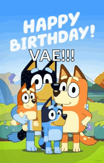 A Happy Birthday Greeting Card With Three Cartoon Dogs And The Words Happy Birthday Vae !!! GIF
