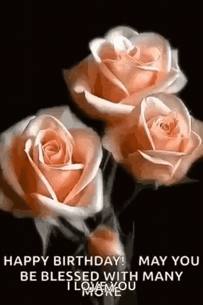 A Happy Birthday Greeting Card With Three Roses On A Black Background . GIF