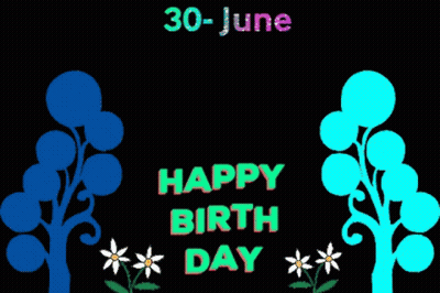 A Happy Birthday Greeting Card With Two Trees And Flowers GIF