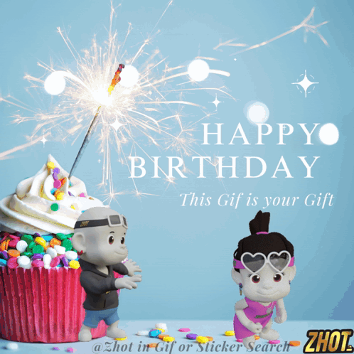 A Happy Birthday Greeting With A Cupcake And A Boy And Girl GIF
