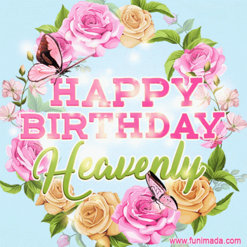 A Happy Birthday Heavenly Greeting Card With Pink Roses And Butterflies GIF