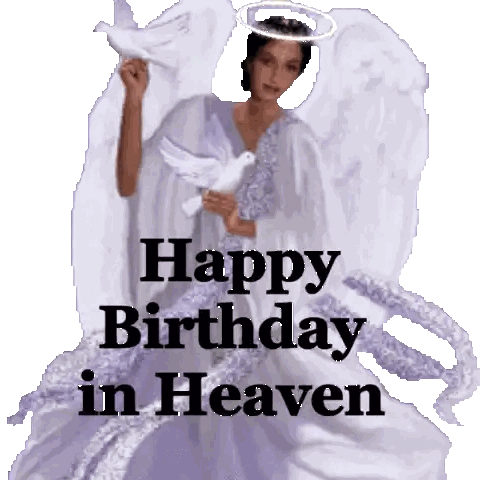 A Happy Birthday In Heaven Greeting Card With An Angel Holding A Dove Sticker