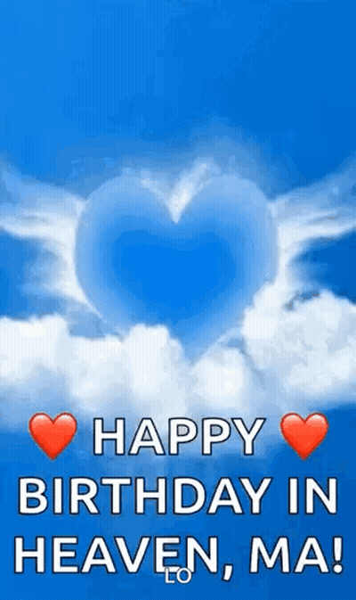 A Happy Birthday In Heaven Message With A Heart In The Sky GIF