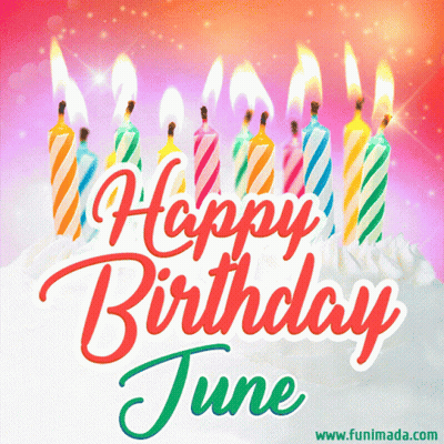 A Happy Birthday June Greeting Card With A Cake And Candles GIF