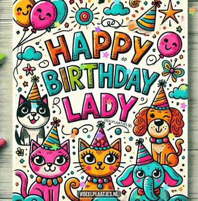 A Happy Birthday Lady Greeting Card With Cats And Dogs GIF
