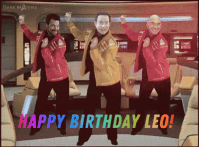 A Happy Birthday Leo Greeting Card With Three Men Dancing GIF