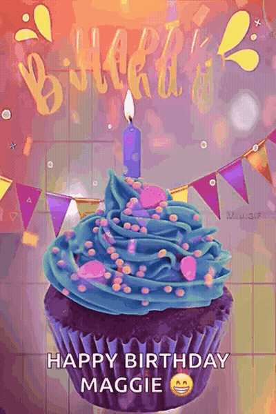 A Happy Birthday Maggie Greeting Card With A Cupcake And Candle GIF